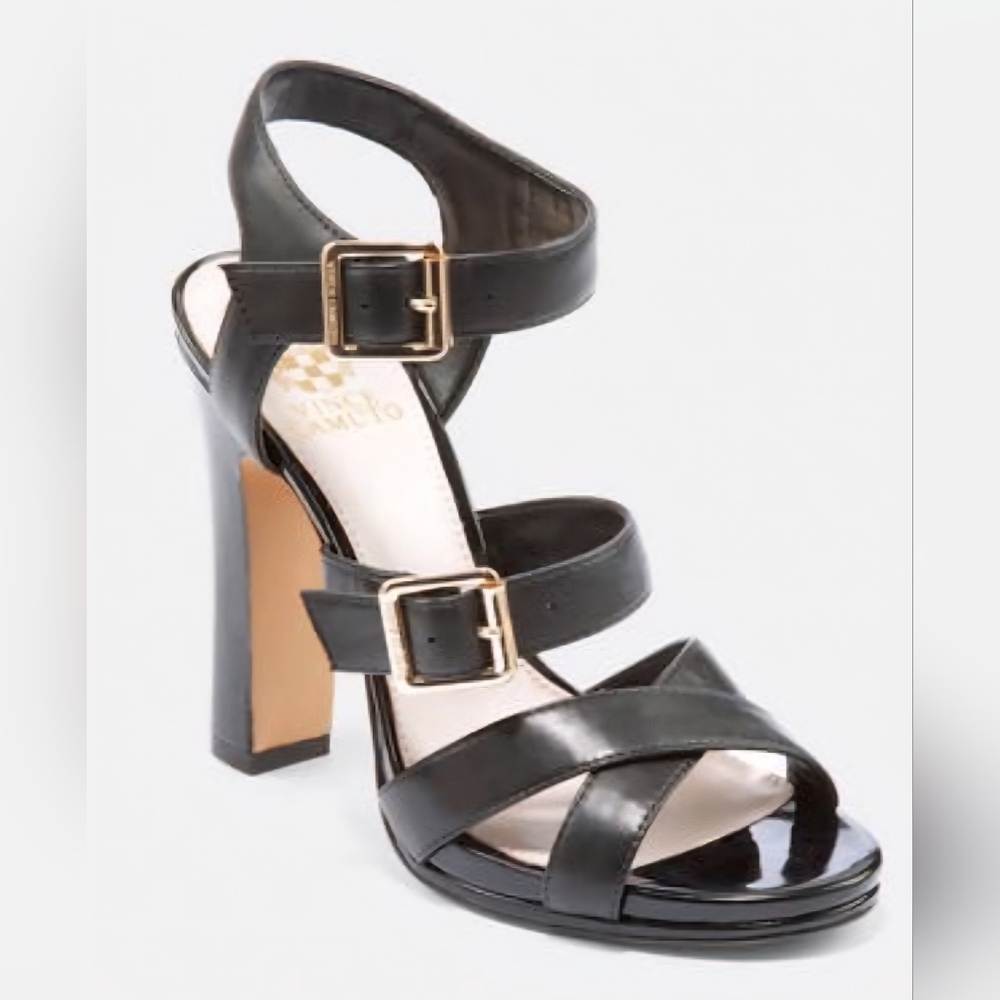 Vince Camuto Acie Black Heels Wirh Gold Buckle Details